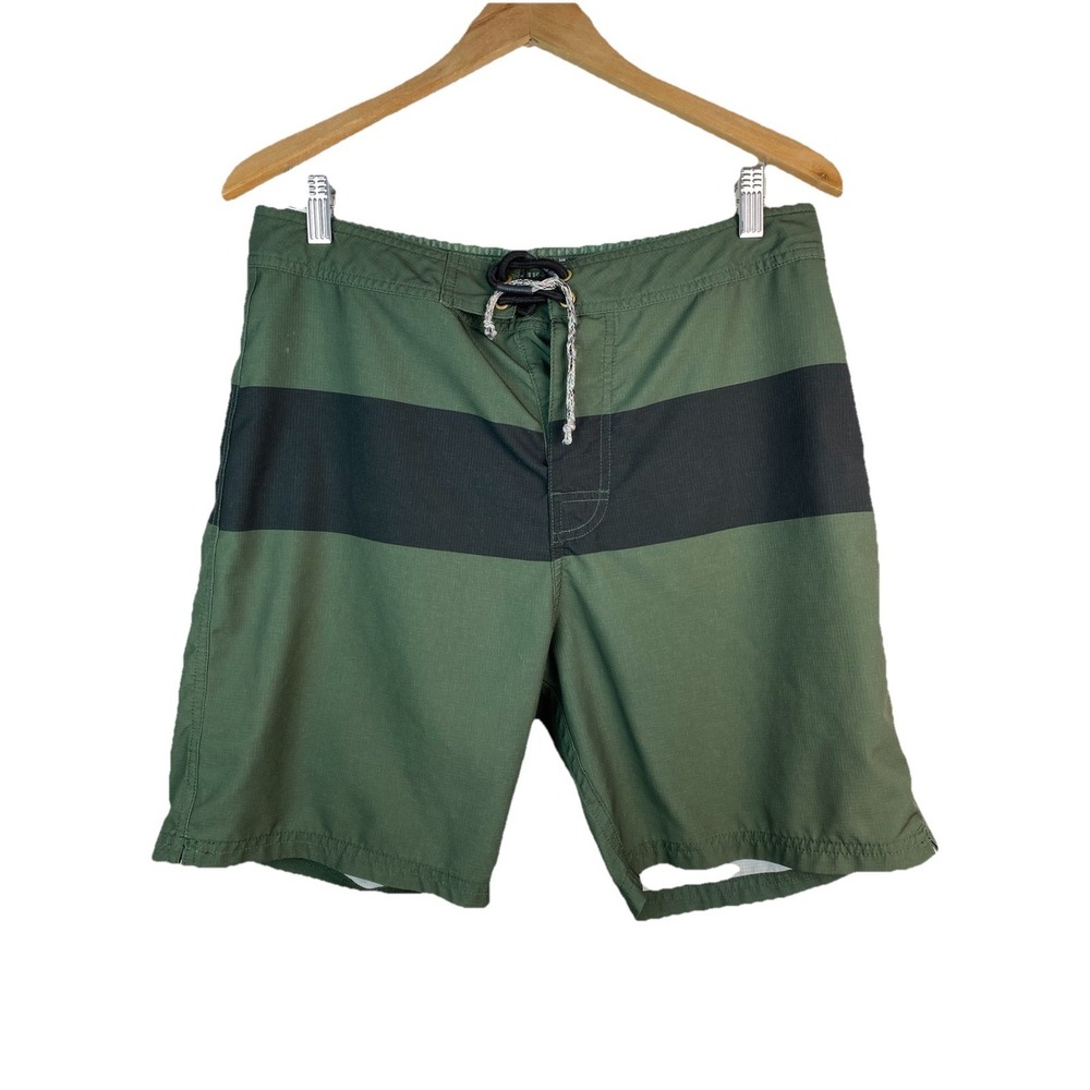 Mollusk Men's 32 Green Black Stripe Nylon Board Shorts Swim Trunks